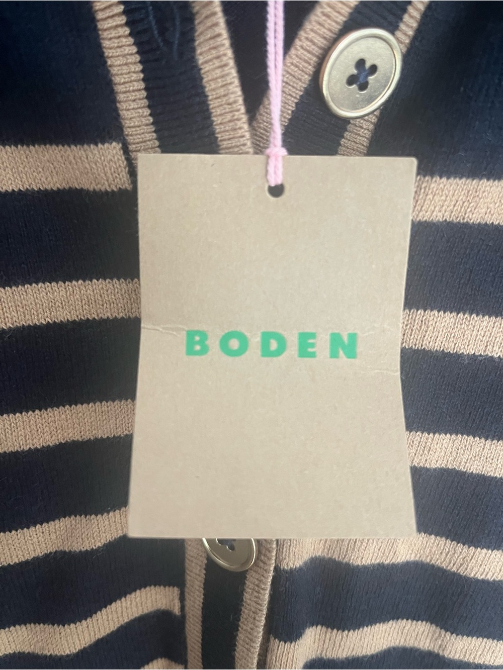 Boden NWT Liz Henley Navy and Tan Striped V‑Neck Polo Cotton Wool Blend Sweater - Picture 10 of 15